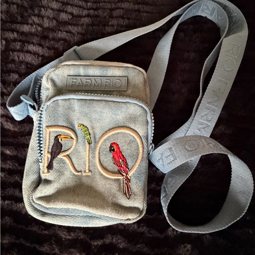 FARM Rio Light Denim Crossbody Bag with Bird Embroidery